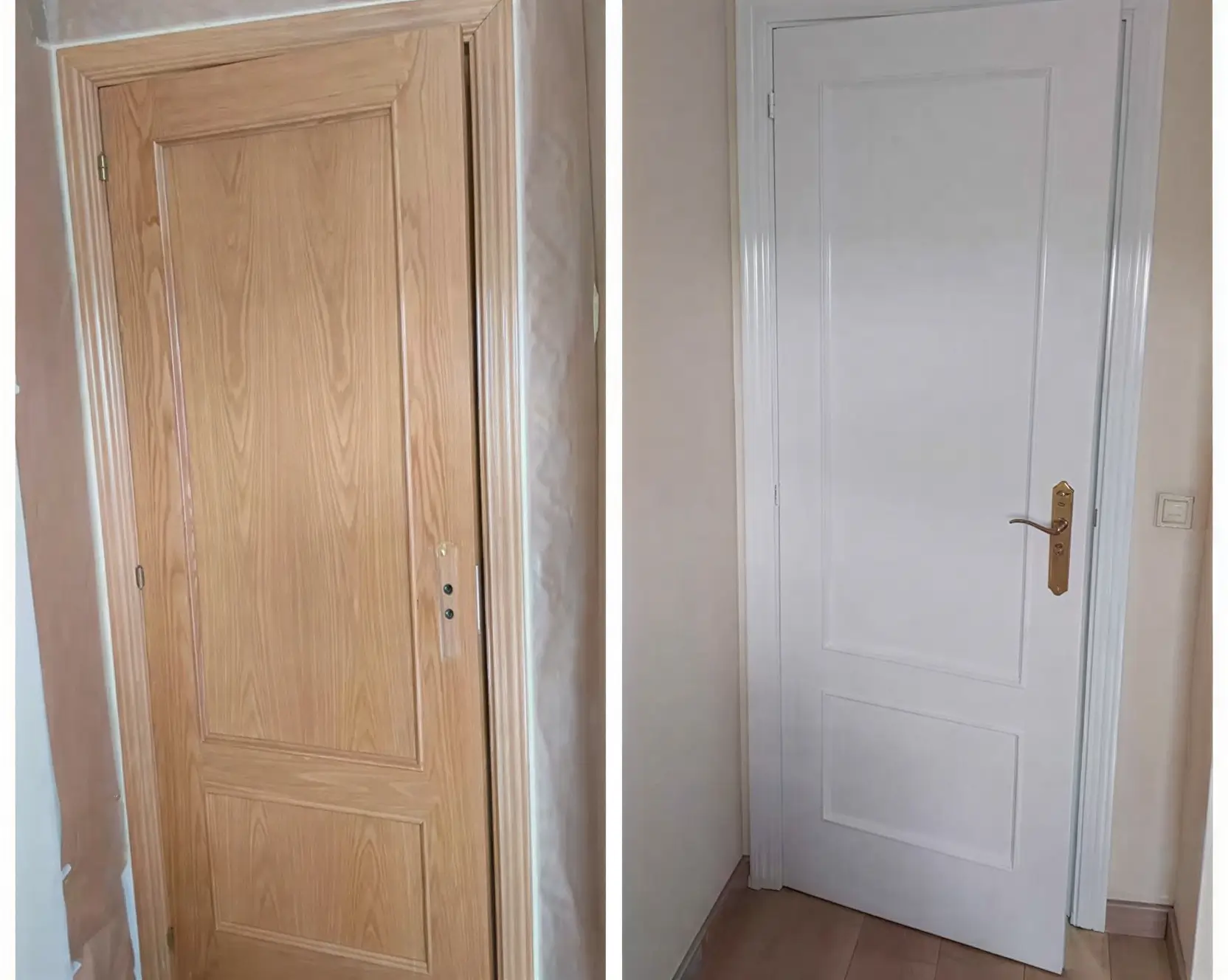 Antes y después de lacar puerta de madera en blanco por Los Pintores Leganés