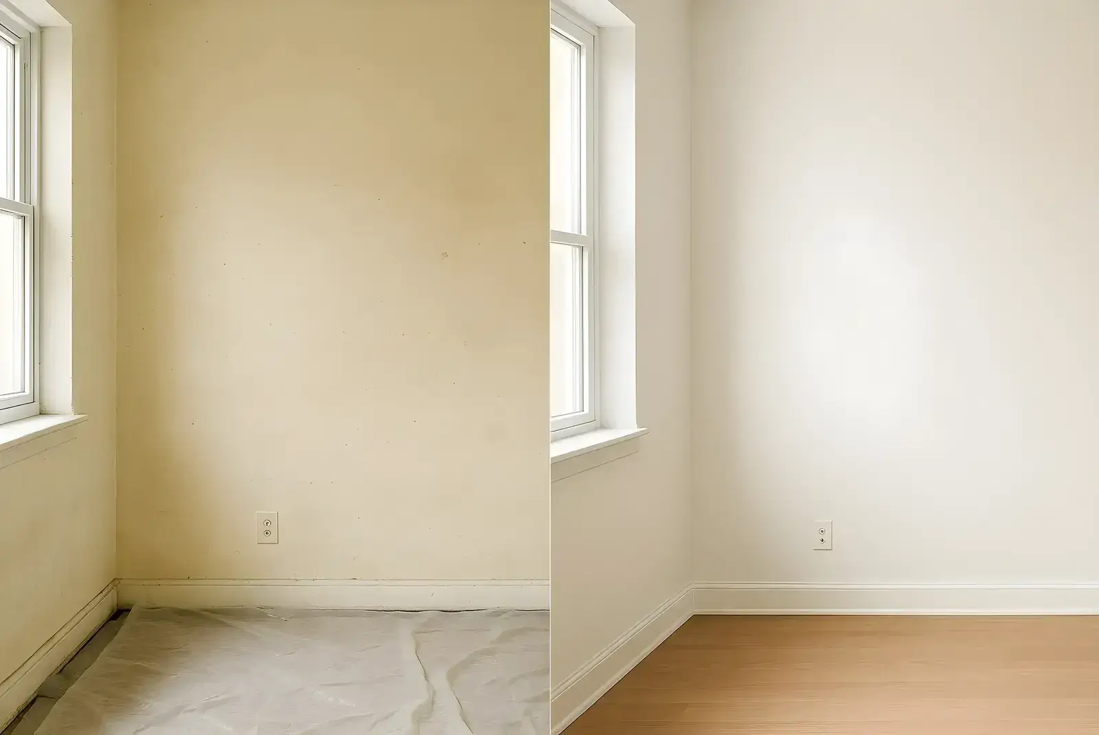 Antes y después de pintura interior en salón, trabajo de Los Pintores Leganés con paredes renovadas